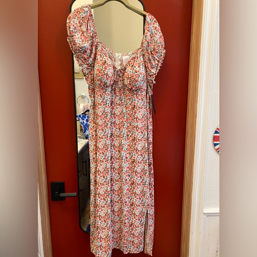 No Boundaries Pink and Green Floral Maxi Dress with Puff Sleeves w tag XXL